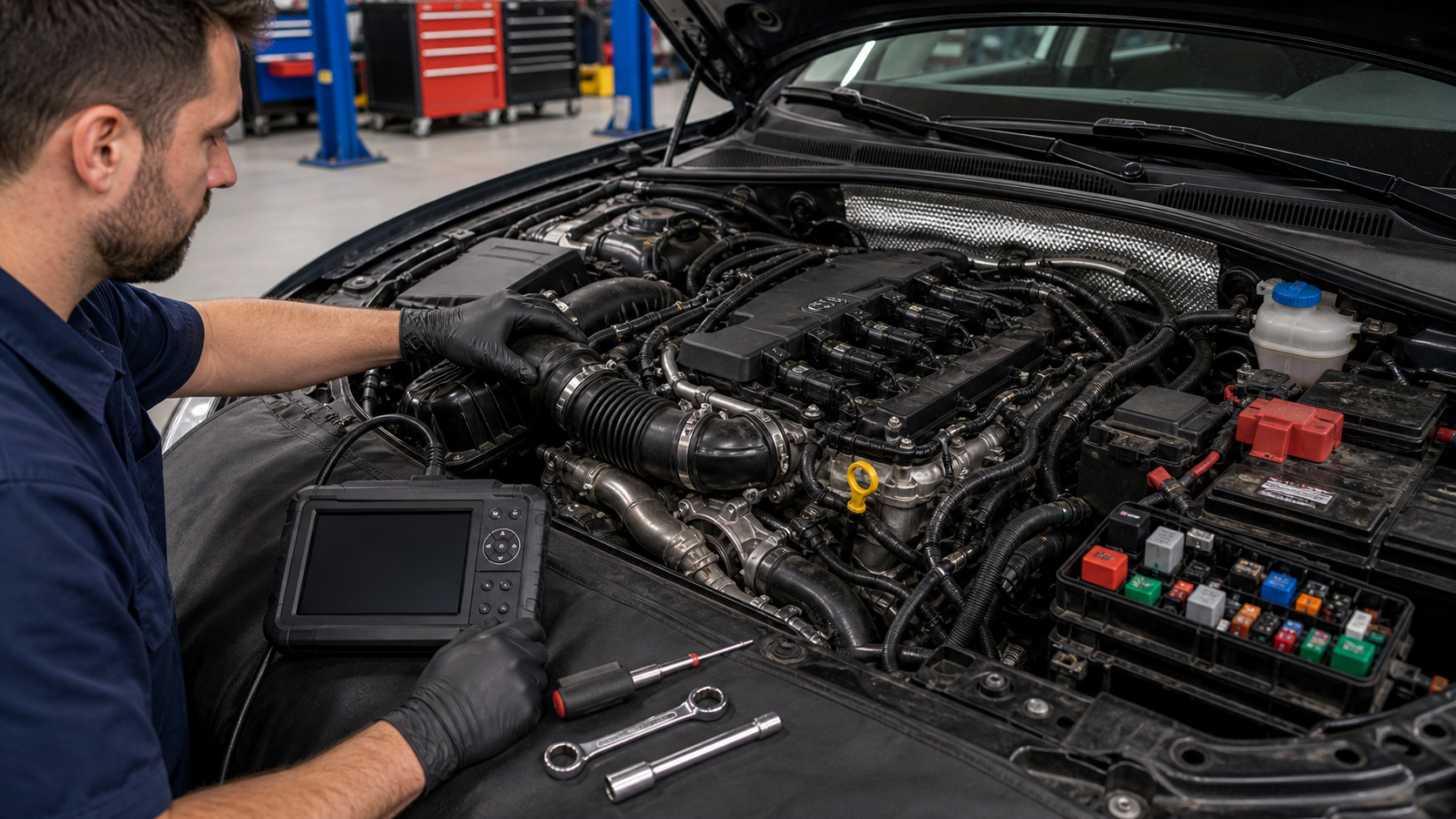 Audi OBD diagnostic planning scene with engine bay, turbo intake area, ignition coils, oxygen sensor wiring, fuse box, and scan tool