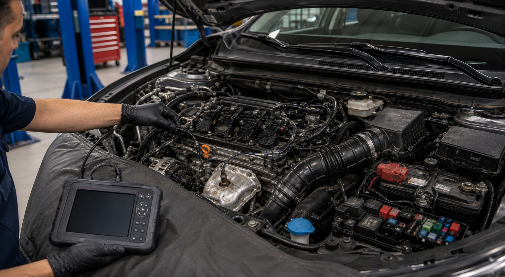 Honda OBD diagnostic planning scene with engine bay, intake duct, ignition area, fuse box, and scan tool