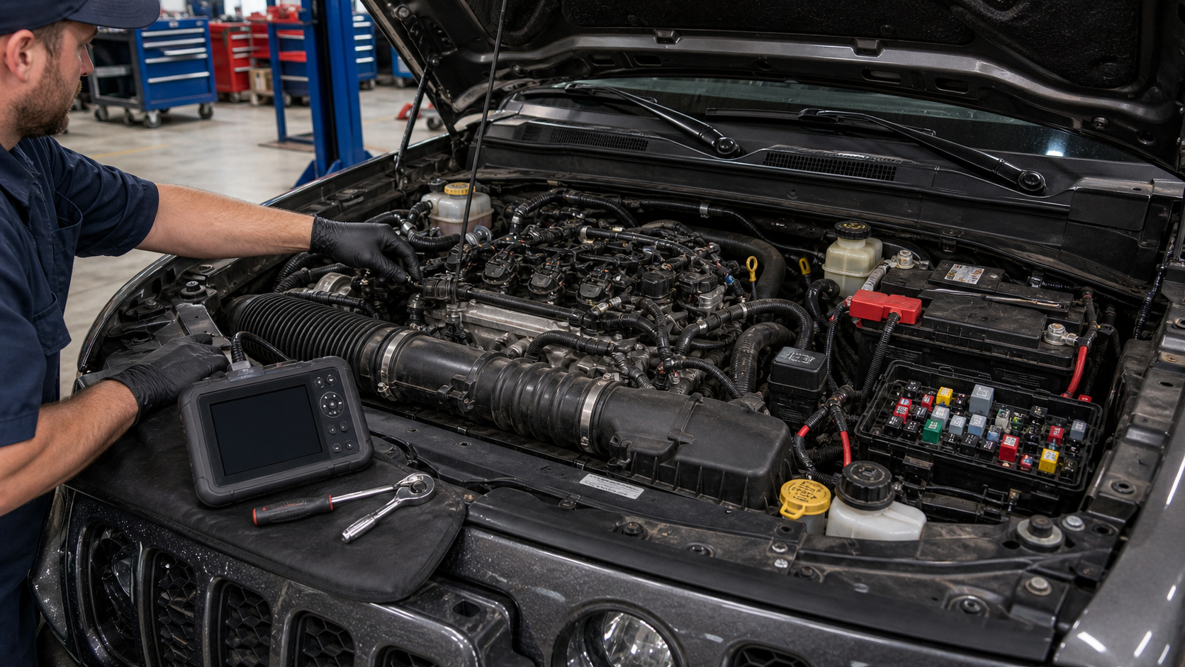 Jeep OBD diagnostic planning scene with engine bay, battery, fuse box, intake duct, ignition area, wiring harness, and scan tool
