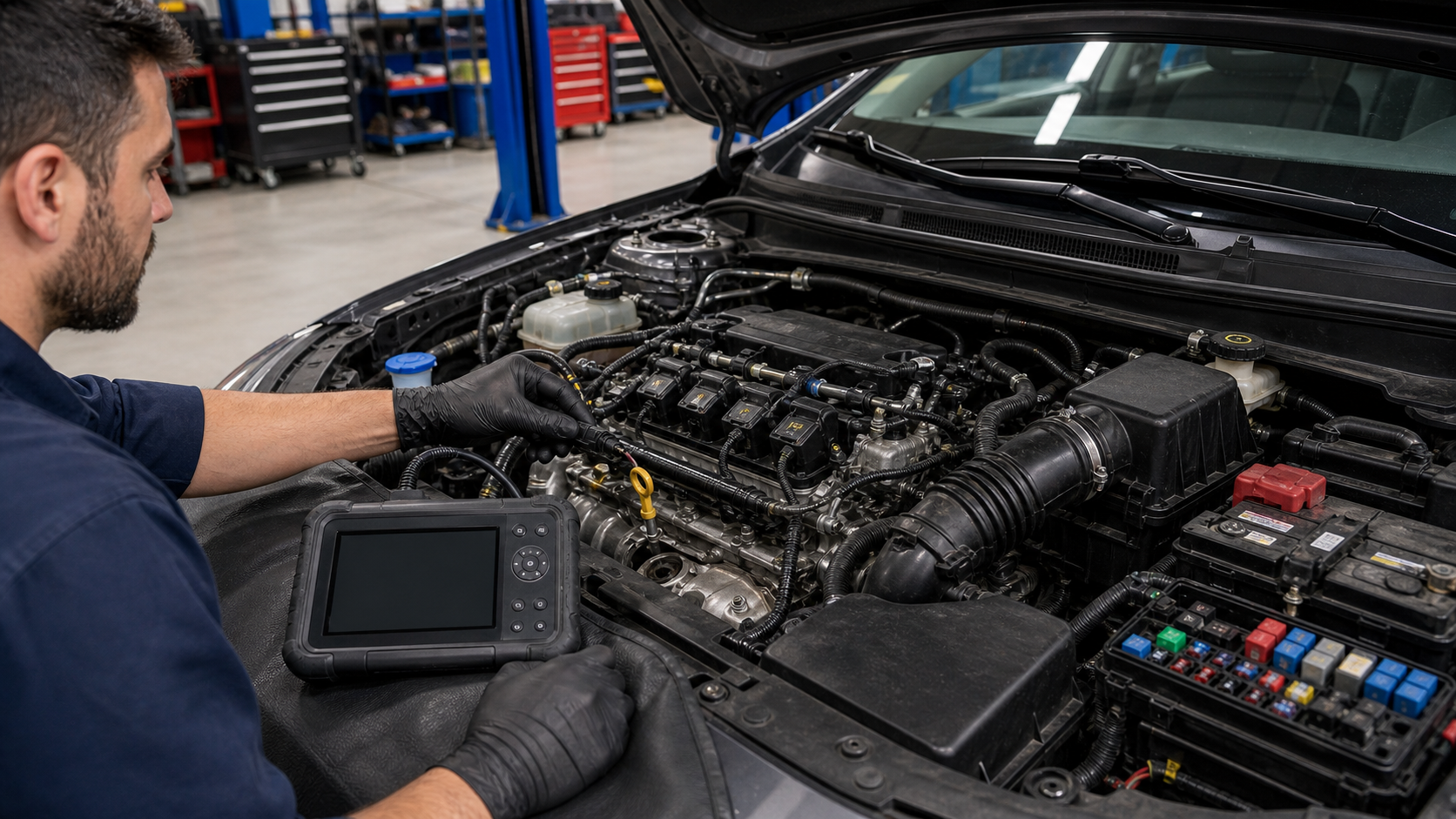 Kia OBD diagnostic planning scene with engine bay, ignition coils, intake duct, MAF area, fuse box, and scan tool
