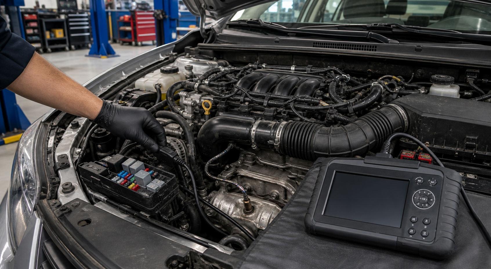 Toyota OBD diagnostic planning scene with engine bay, intake duct, fuse box, and scan tool