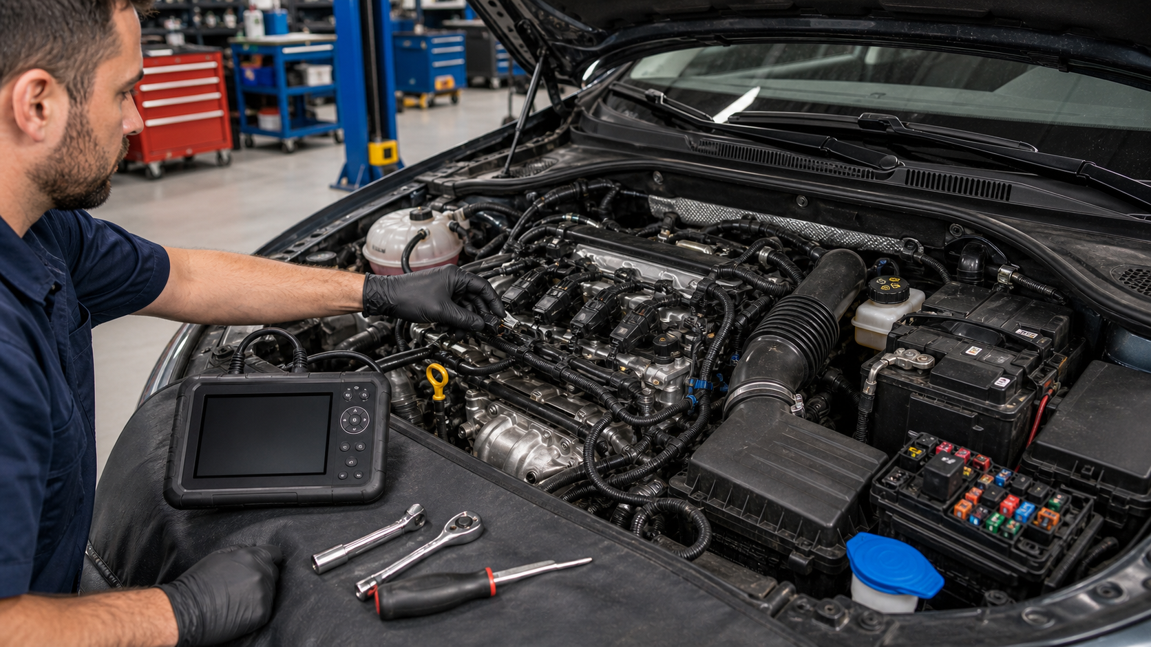 Volkswagen OBD diagnostic planning scene with engine bay, intake duct, MAF area, ignition coils, oxygen sensor wiring, fuse box, and scan tool