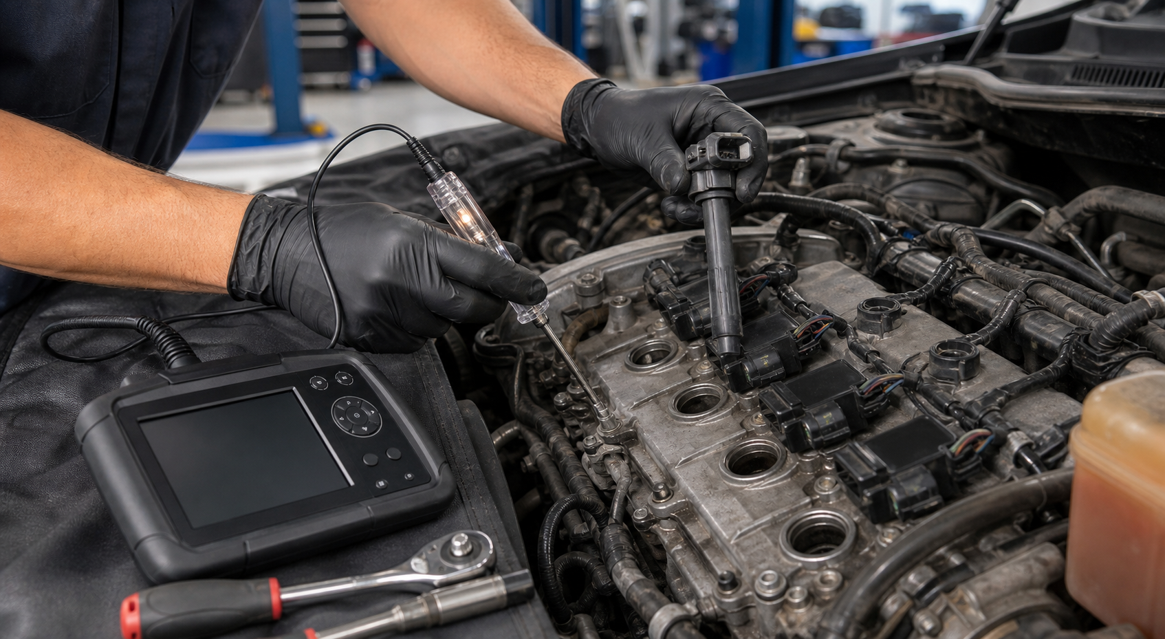 P0300 random misfire diagnosis with ignition coils, spark plug wells, and scan tool
