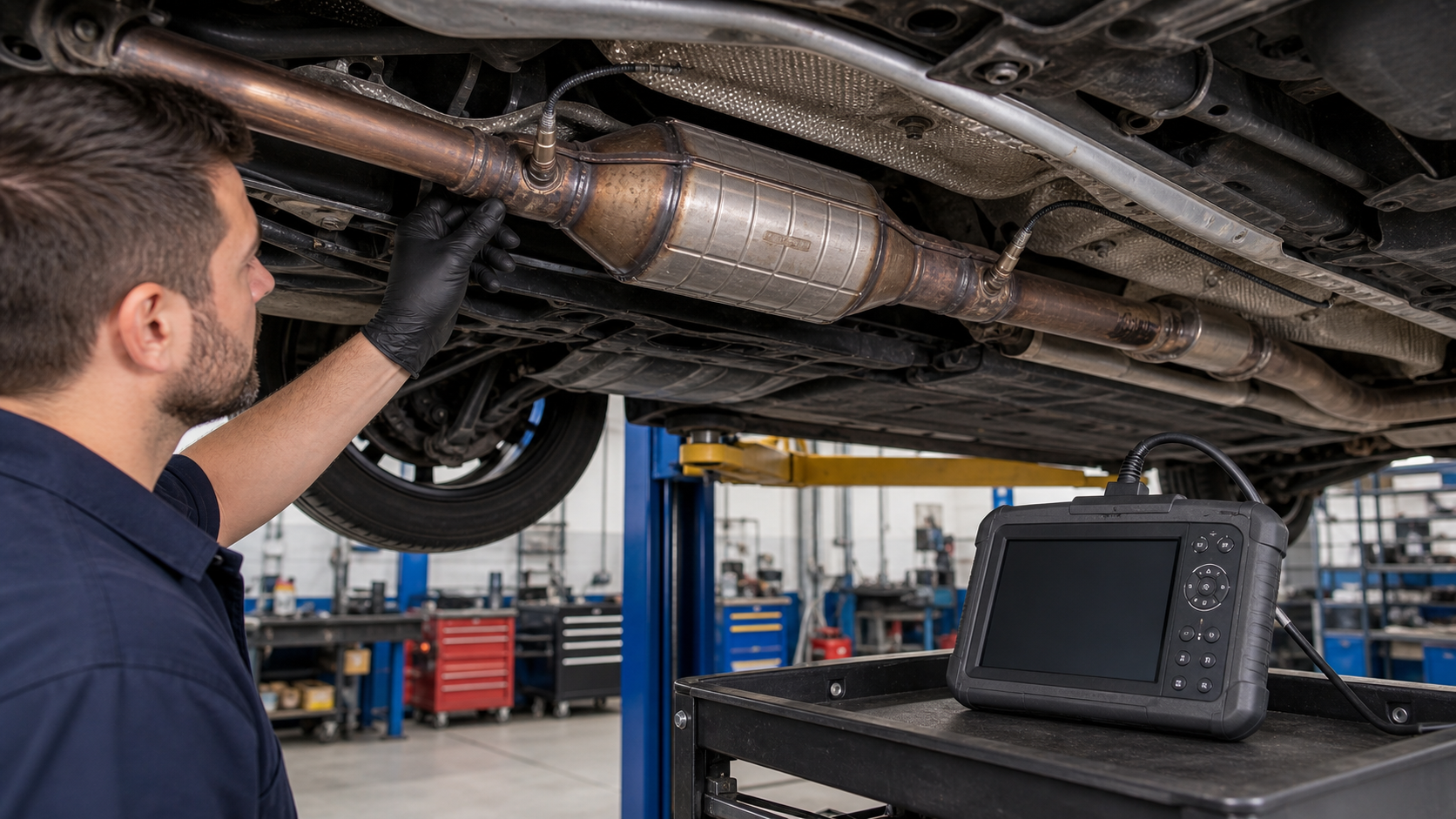 Catalyst efficiency code diagnosis with catalytic converter, oxygen sensors, exhaust pipe, heat shield, and scan tool