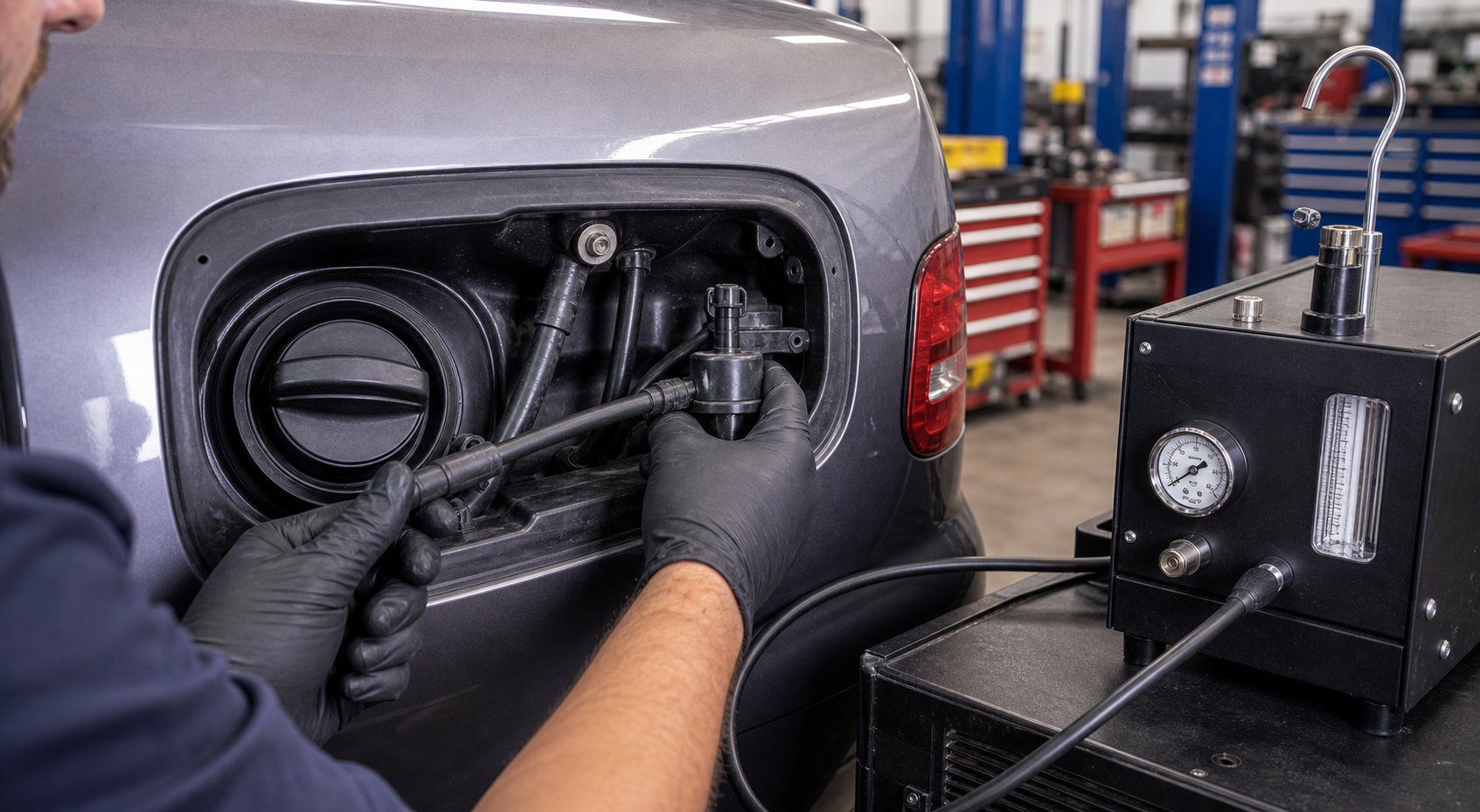 Fuel smell and EVAP leak diagnosis with fuel filler neck, gas cap area, vapor hose, smoke test machine, and technician inspection