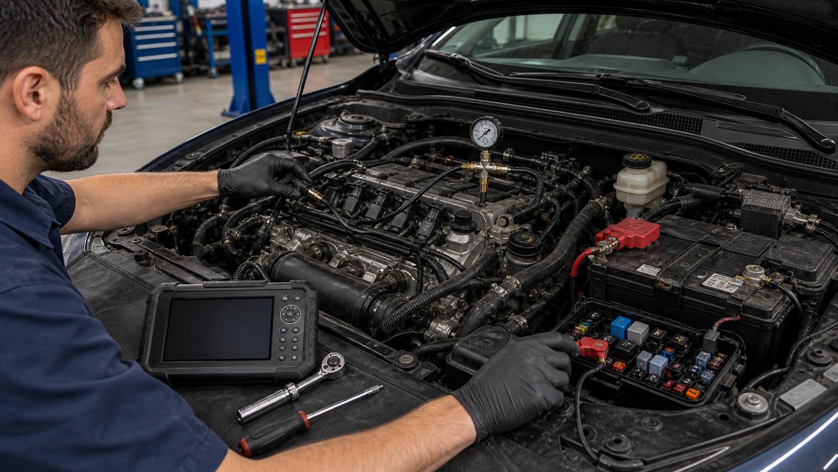 Hard start diagnosis with battery terminals, starter relay area, fuse box, fuel pressure test point, crankshaft sensor wiring, and scan tool