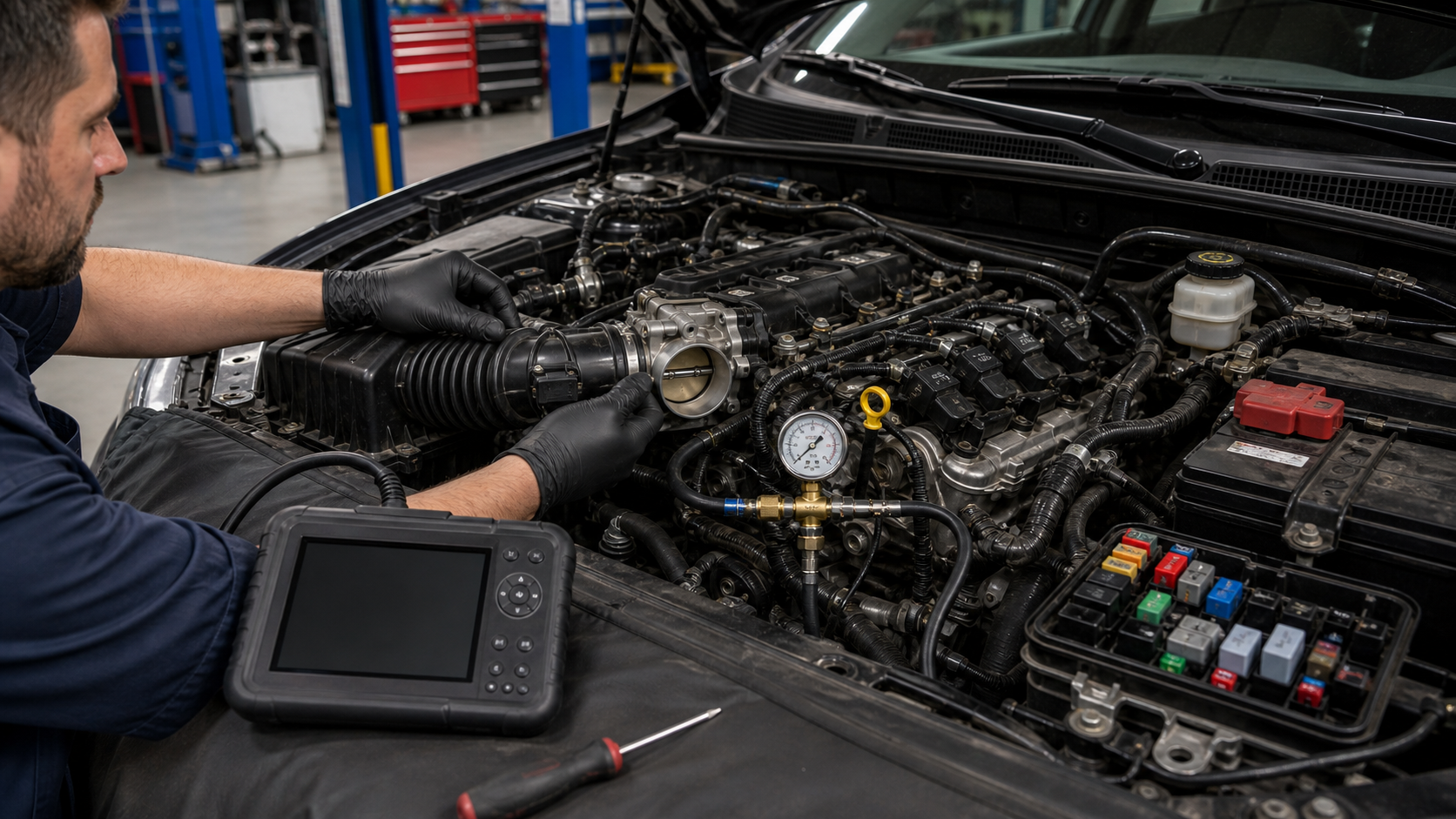 Hesitation on acceleration diagnosis with intake duct, throttle body, MAF sensor, fuel pressure test point, ignition area, and scan tool