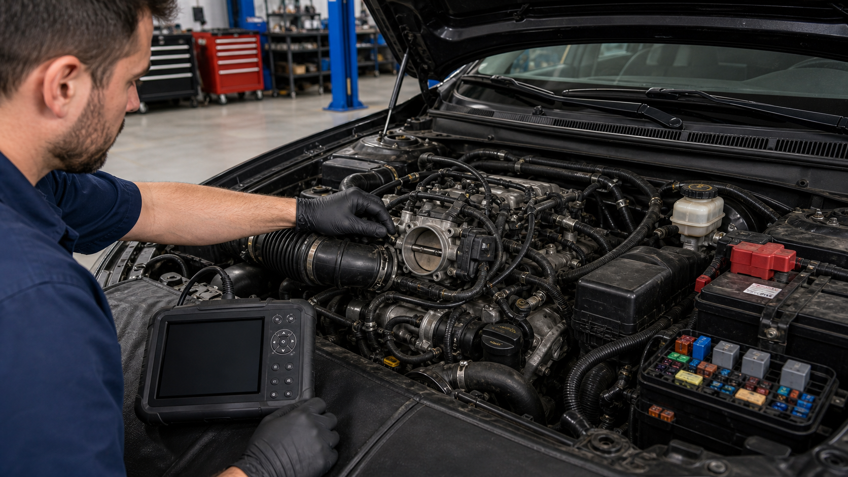High idle diagnosis with throttle body, intake duct, idle control area, vacuum hoses, MAF sensor, and scan tool