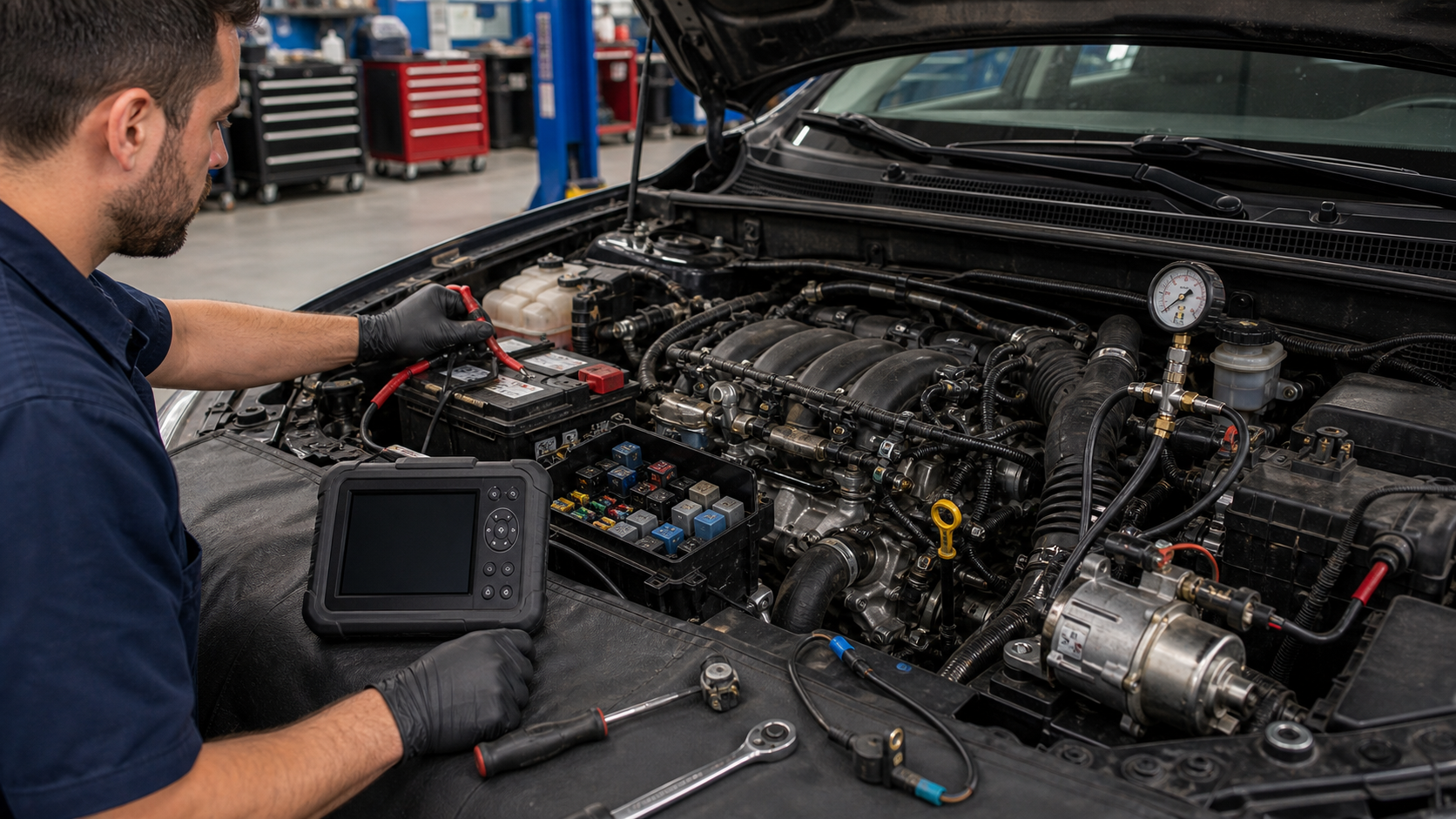 No-start diagnosis with battery terminals, main fuse box, starter relay area, crankshaft sensor wiring, fuel pressure gauge, and scan tool
