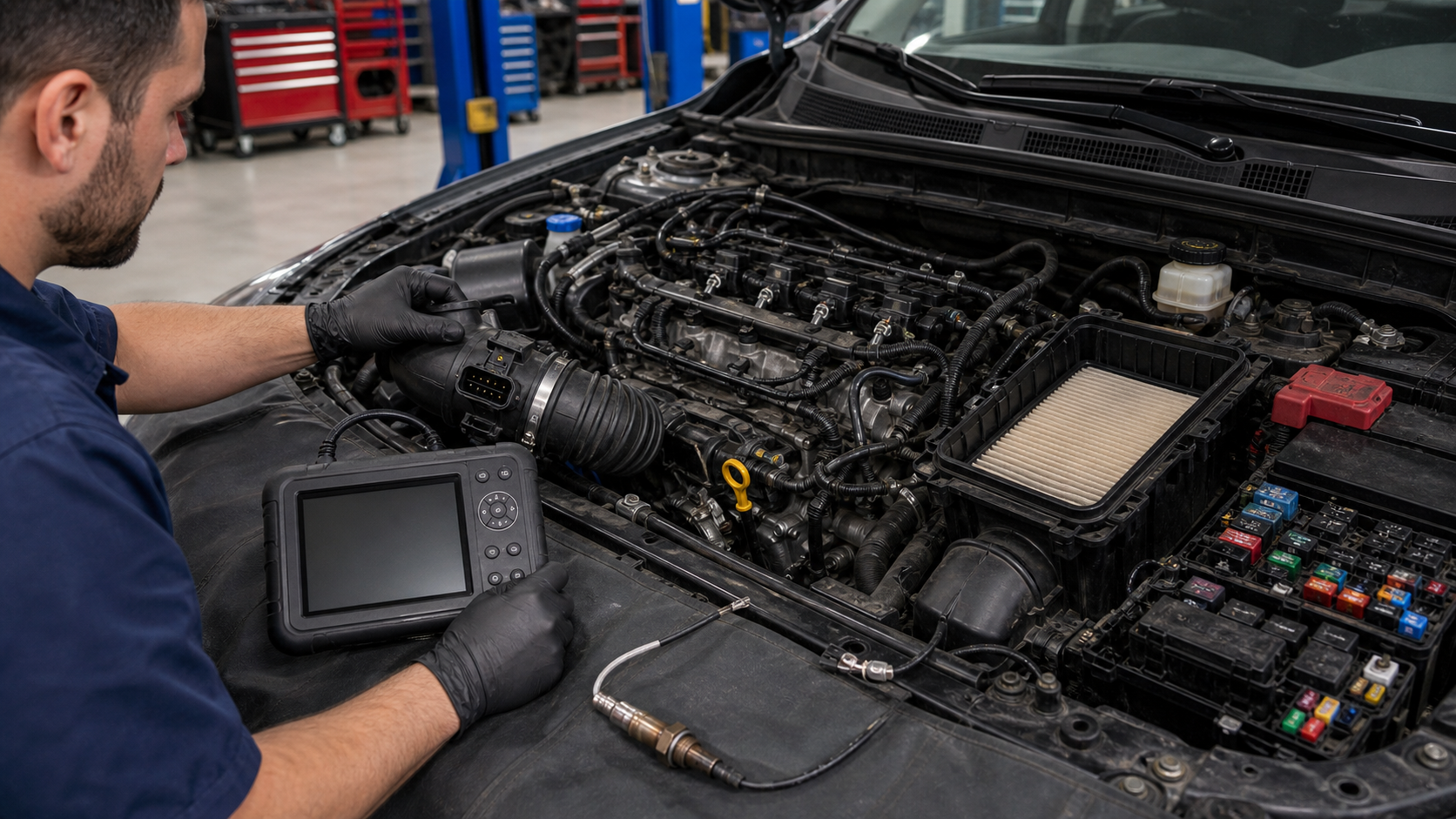 Poor fuel economy diagnosis with MAF sensor, intake duct, oxygen sensor data, fuel injector rail, air filter housing, and scan tool