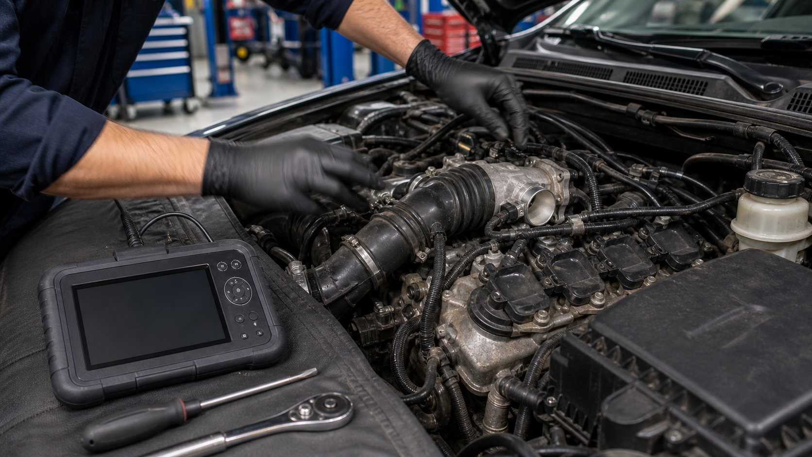 Rough idle diagnosis with vacuum hoses, intake duct, throttle body, ignition coils, and scan tool